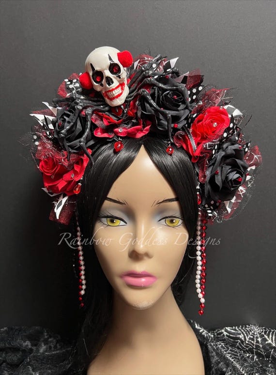 Freak Show Dark Carnival Crown, Clown Skull Headpiece, Black Red Roses, Spider Legs, Gothic Circus Headdress