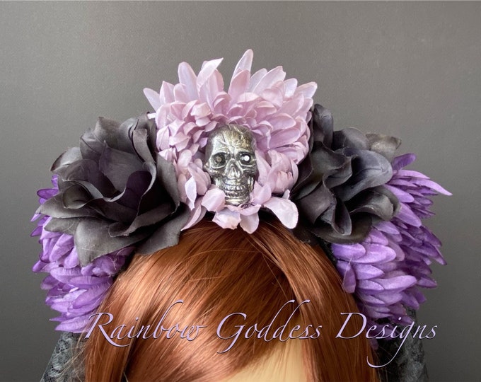 Flower Crown, Purple Rose Skull Crown, Day of the Dead Flower Crown, Día de los Muertos Headdress, Veiled Headdress, Skull Headband