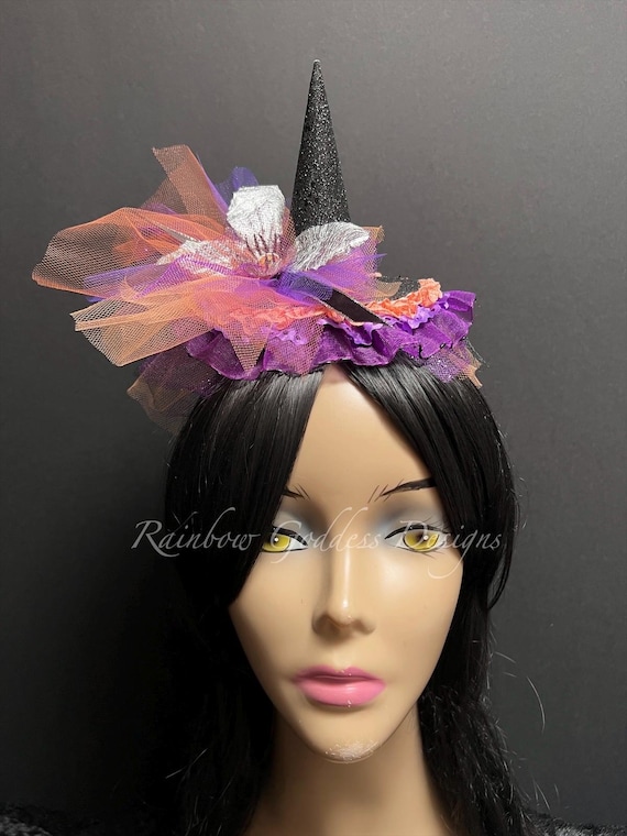 Mini Witch Hat Headbands – Gothic Glitter Hats with Tulle, Lace & Unique Charms