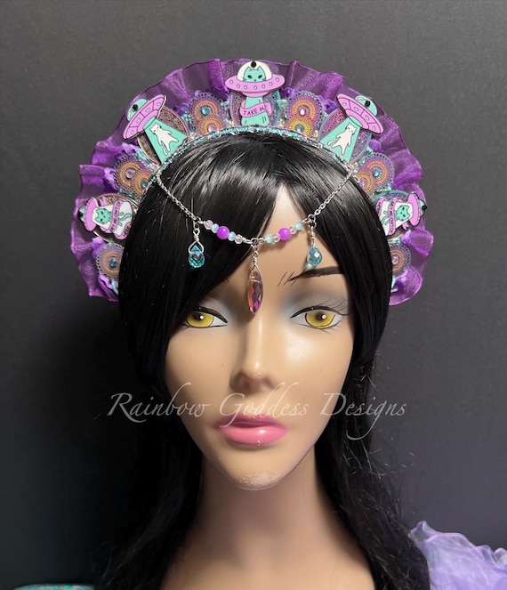 Alien Space Cat Crown, Space Kitty Headpiece, Cute Alien Rave Headband, Sci Fi Cosplay, EDC Tiara, Clubwear Accessory, Celestial Goddess