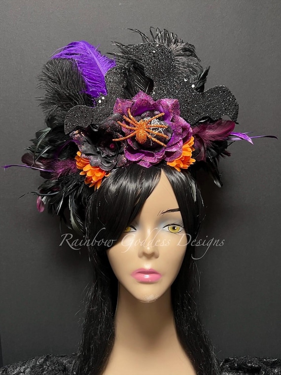 Halloween Spider & Bat Crown – Feathered Flower Headpiece, Day of the Dead Costume, Fun Cosplay, Festival Wear