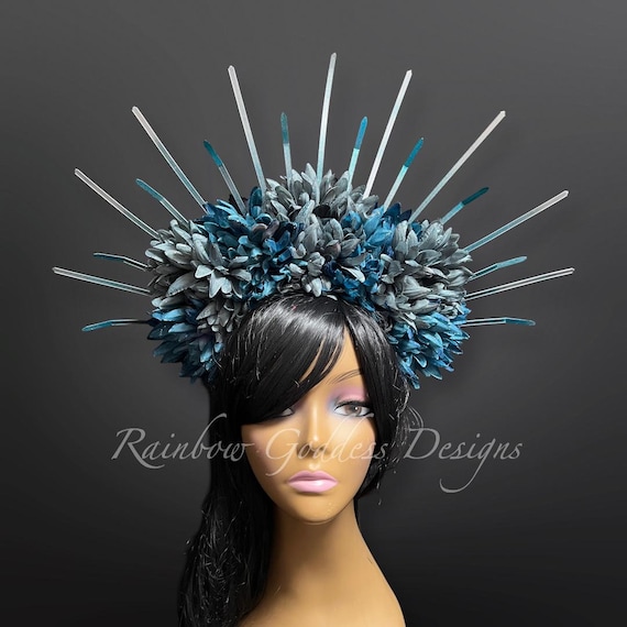 Blue & Silver Spiked Halo Flower Crown, Blue Dark fairy Headdress, Flower Halo Headpiece, Sunburst Silver Crown, Catrina Crown, Frida Kahlo