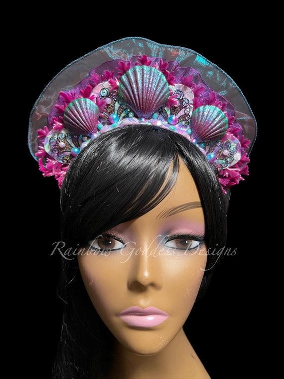Iridescent Mermaid Filigree Tiara, Shimmery Chiffon Mermaid Fin Crown, Fuchsia & Teal Sea Goddess Headpiece, Siren Festival Headdress