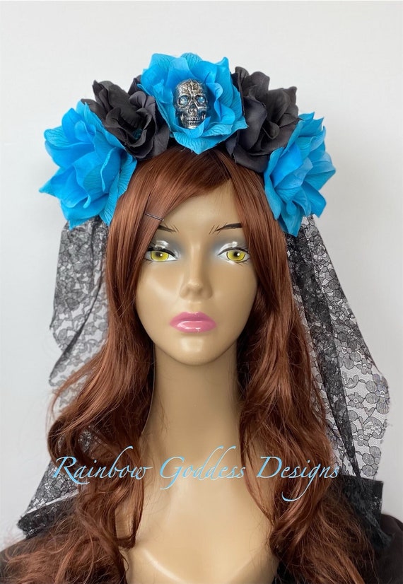 Turquoise & Black Flower Crown, Floral Headpiece, Rose Headband, Floral Crown, Flower Headband, Day of the Dead, Halloween, Gothic