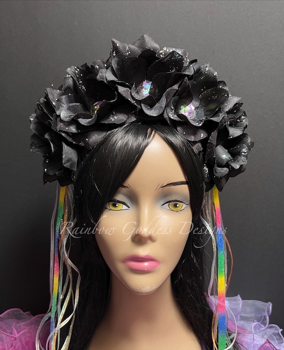 Black Rose Sparkle Crown: Pride Dark Rainbow Headpiece with Rhinestones & Glitter Ribbons
