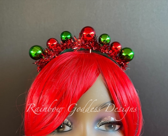 Red and Green Christmas Ornament Headband, Christmas Headpiece, Festive Holiday Headband, Holiday Photo Prop, Ugly/Tacky Xmas Party