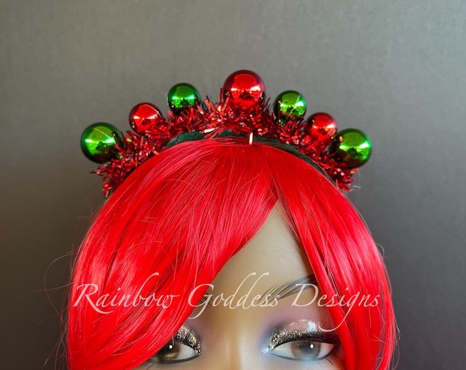Red and Green Christmas Ornament Headband, Christmas Headpiece, Festive Holiday Headband, Holiday Photo Prop, Ugly/Tacky Xmas Party