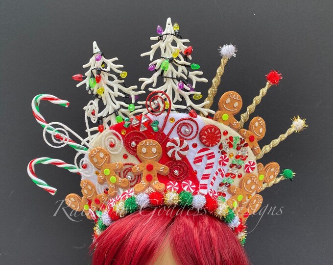 Gingerbread Candy Cane Wonderland Headdress, Christmas Headband, Holiday Headband, Holiday Photo Prop, Ugly Sweater Party, Candyland Crown