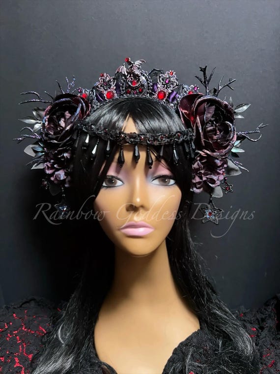 Gothic Dragon Tiara, Purple Rose Crown, Beaded Fringe Headpiece, Vampire Witch Costume, Festival Headdress