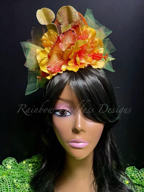 Tropical Carnivorous Plant Fascinator, Yellow Orange Green Flower Headband, Iridescent Botanical Costume