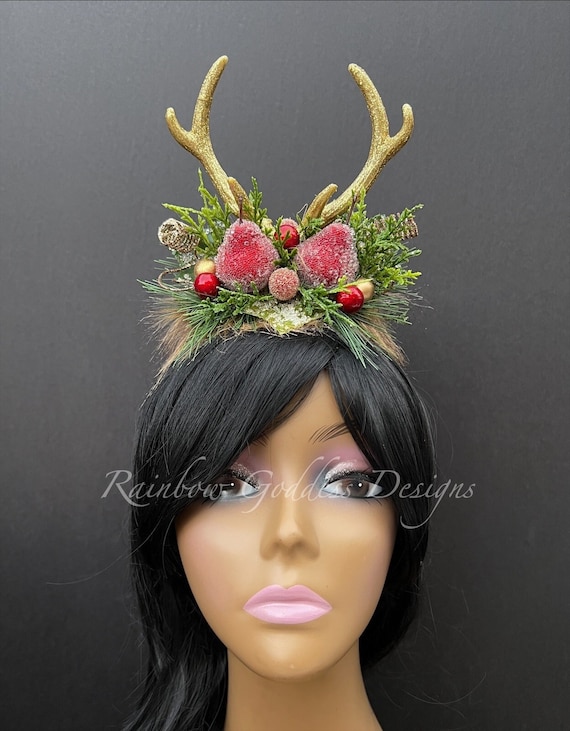Gold Red & Green Holiday Deer Horns, Yuletide Antlers, Deer Horn Headband, Fawn Headpiece, Xmas Deer Crown, Reindeer Christmas Headband