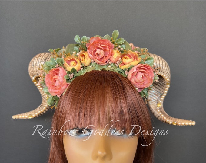 Blush Pink and Peach Horn Headpiece, Woodland Horned Flower Crown, Satyr Headdress, Ram Horn Headband, Woodland Fairy Crown, Festival Crown