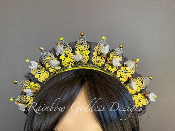 Lord of the Flies Crown, Beelzebub Metal Filigree Crown, Fly Demon Tiara, Gothic Headband, Halloween Headpiece, Yellow Black Jeweled Crown