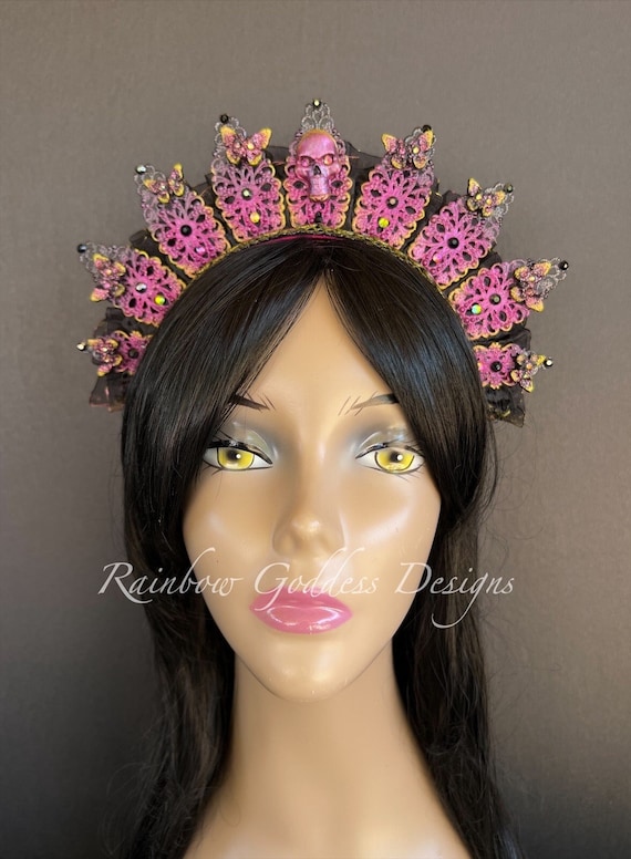 Pink Yellow Gothic Skull Crown, Gothic Vampire Tiara, Dark Fairy Butterfly Headband, Halloween Headpiece, Metal Filigree Jeweled Crown