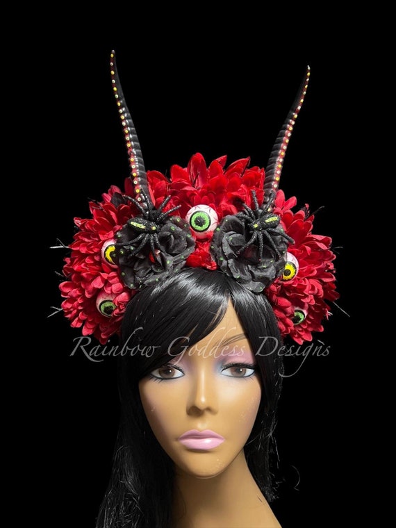 Black & Red Horned Eyeball Headdress, Spider Flower Crown Horn Headband, UV Rave Horn Headpiece,  Gothic Witch Halloween Crown, Dark Fairy