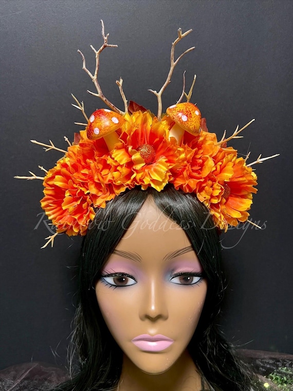 Fall Woodland Mushroom Headpiece, Autumn Deer Antler Crown, Forest Fairy Costume, Fantasy Headwear