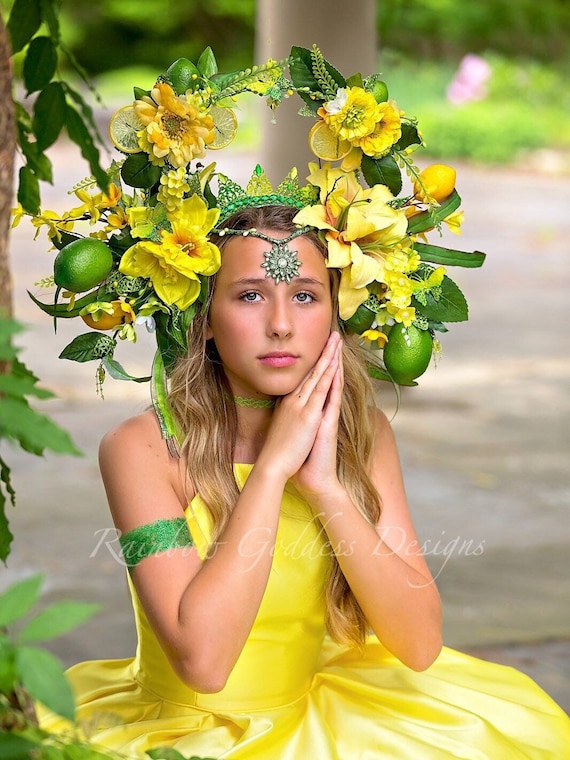 Lemon Lime Headdress, Citrus Fruit Headpiece, Summer Vibe Flower Crown, Lily Halo Headpiece, Butterfly Citrus Headdress, Cottagecore Crown