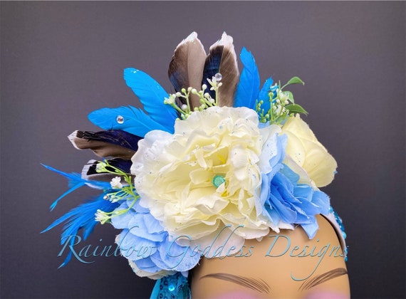 Blue Flower Headband, Flower Crown, Floral Crown, Floral Headpiece, Feather Headdress, Feather Headband, Beach Wedding, Bohemian, Goddess