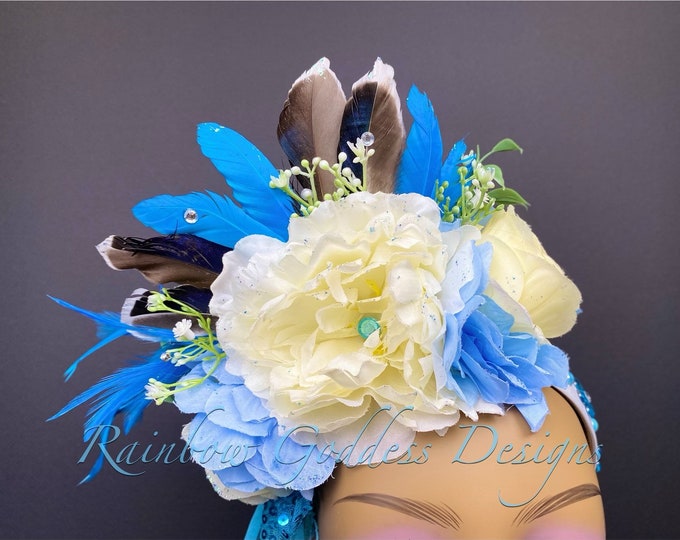 Blue Flower Headband, Flower Crown, Floral Crown, Floral Headpiece, Feather Headdress, Feather Headband, Beach Wedding, Bohemian, Goddess