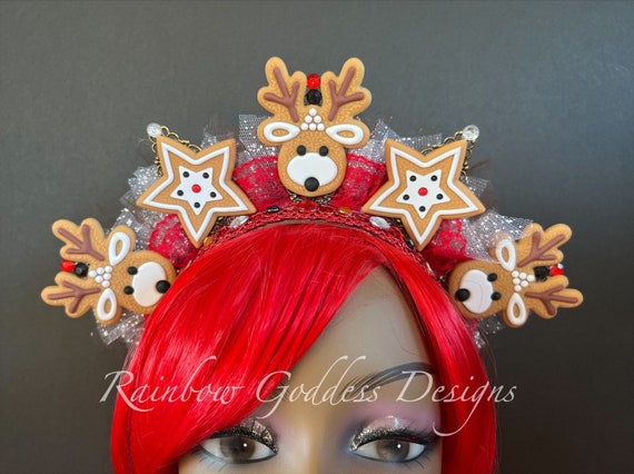 Reindeer Gingerbread Cookie Headdress, Peppermint Christmas Headband, Holiday Headband, Photo Prop, Ugly Sweater Party, Gingerbread Crown
