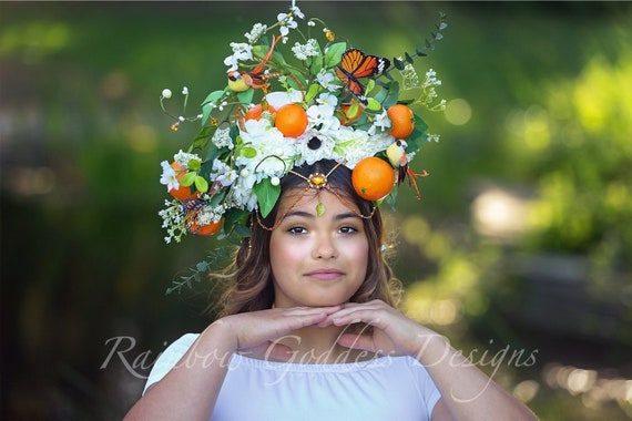 Orange Blossom Headdress, Citrus Fruit Headpiece, Summer Flower Crown, Butterfly Garden Halo Headpiece, Citrus Headdress, Cottagecore Crown