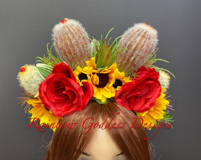 Sunflower Headdress, Cactus Headband, Rose Crown, Flower Headdress, Desert Crown, Floral Headpiece, Summer Headdress, Cactus Flower Crown