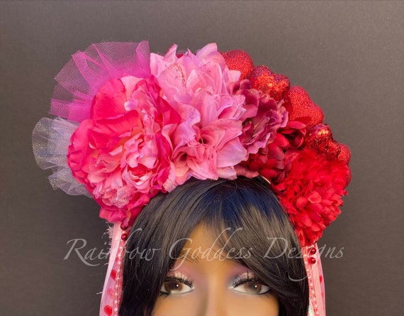 Valentines Flower Crown, Valentine Headband, Red & Pink Headpiece, Barbie Heart Tiara, Queen of Hearts, Floral Headpiece, Cupid Fascinator