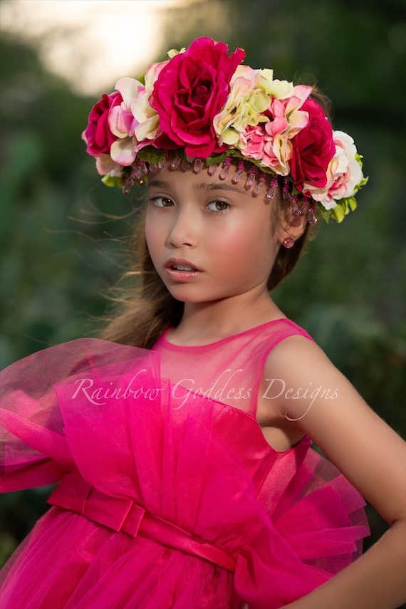 Pink Green Spring Flower Crown, Fairy Rose Crown, Flower Head Wreath, Floral Headpiece, Floral Headband, Wedding Crown, Valentines Crown