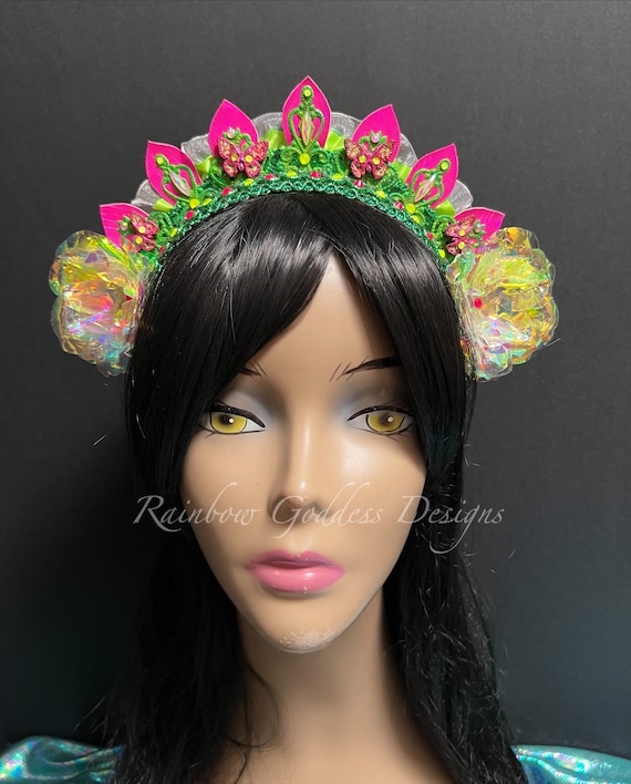 Pink & Green Neon Holographic Rave Crown, Iridescent Flower Crown, Butterfly Filigree Headband, Festival Rave Tiara, Clubwear Accessory