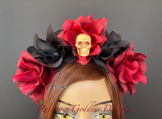 Burgundy & Black Rose Crown, Frida Kahlo Headdress, Rose Headband, Floral Crown, Flower Crown, Flower Headband, Day of the Dead, Halloween