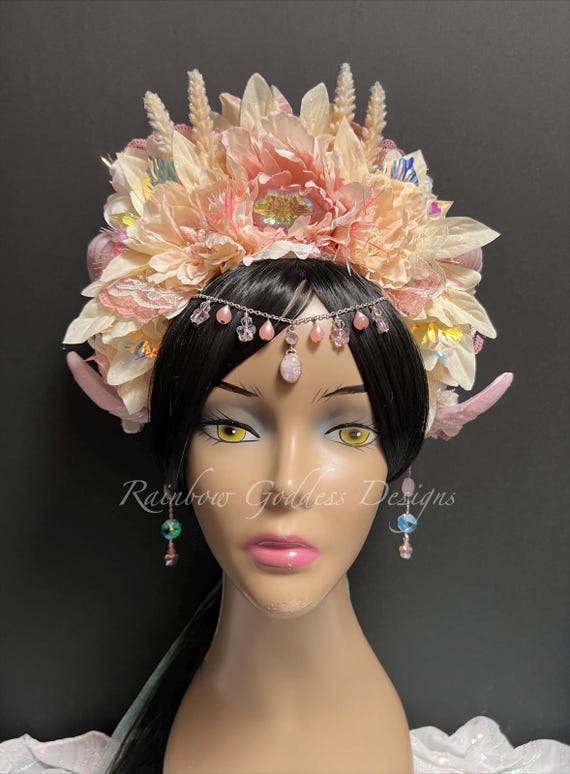 Light Pink and Ivory Ram Horn Floral Headpiece: Fairytale Wedding Crown, Iridescent Fantasy Crown
