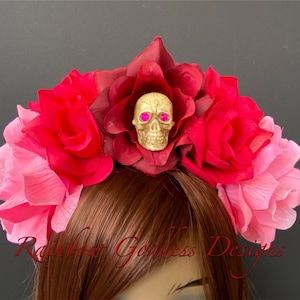Pink Day of the Dead-zendspoel, rozenschedelkroon, bloemenkroonhoofdband, bloemenkroon, bloemenzendspoel, bloemenkroon, dia de los Muertos