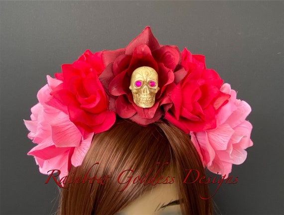 Pink Day of the Dead Headpiece, Rose Skull Crown, Flower Crown Headband, Flower Crown, Floral Headpiece, Floral Crown, Dia De los Muertos