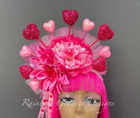 Valentines Heart Halo Flower Crown, Valentine's Day Headband, Pink Heart Tiara, Queen of Hearts, Floral Headpiece, Cupid Fascinator