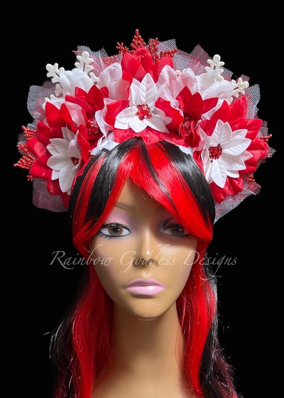 Red & White Poinsettia Snowflake Headdress, Christmas Headband, Peppermint Holiday Headpiece, Holiday Fairy Crown, Christmas Flower Crown