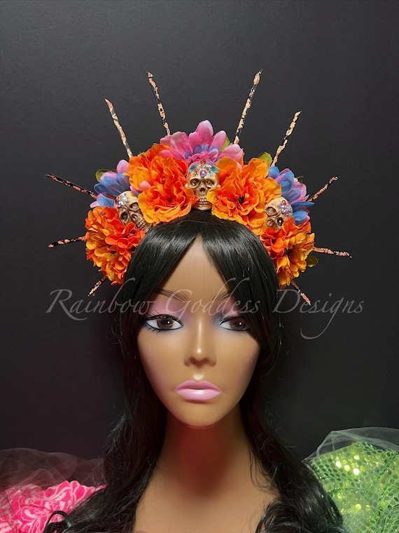 Día de los Muertos Crown, Sugar Skull Marigold Flower Crown, Spiked Gothic Headpiece