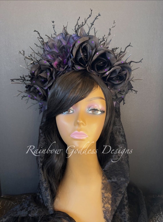 Black Rose Branch Crown, Gothic Flower Crown, Veiled Headband, Floral Headpiece, Evil Queen Crown, Witch Forrest Headdress, Dark Fairy Crown