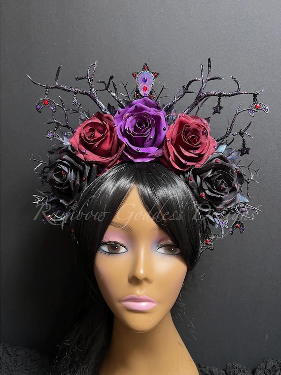 Celestial Gothic Crown, Moon and Star Headpiece, Dark Fantasy Flower Crown, Purple Red Black Gothic Headdress, Glitter Crown