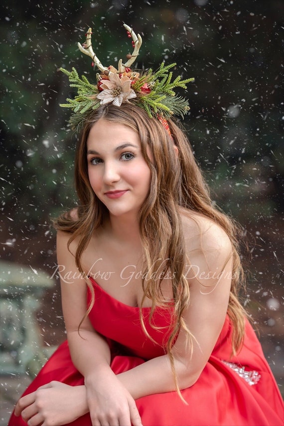Yuletide Deer Horns, Holiday Antlers, Poinsettia Deer Horn Headband, Fawn Headpiece, Christmas Headband, Xmas Flower Crown, Rudolph Horns