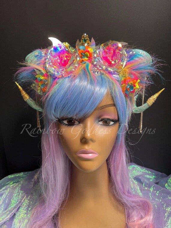 Rainbow Monster Horn Headpiece, Holographic Glitter Ram Horns, Neon Faux Fur Headband