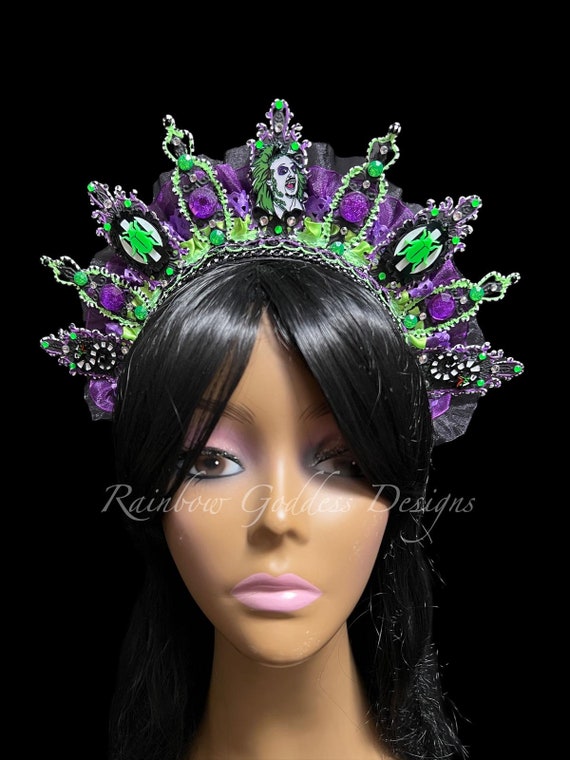 Neon Green & Purple Beetlejuice Crown, Halloween Horror Movie Headpiece, Blacklight Rave Headband, Betelgeuse Costume, Gothic Festival Tiara