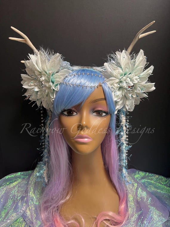 Blue Silver Disco Antler Headpiece, Pride Festival Crown, Winter Fairy Headband, Ice Queen Headdress, Rave Antlers