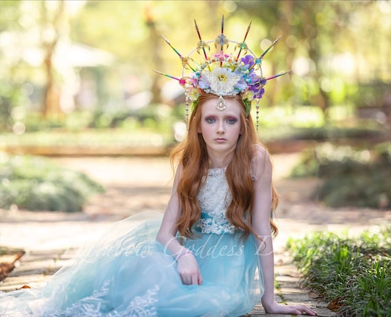 Rainbow Goddess Headdress, Fairy Flower Headpiece, Rainbow Halo Crown, Elevated Halo, Mushroom Headpiece, Crystal Crown, Rainbow Pride Tiara