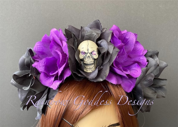 Purple Flower Crown, Floral Headpiece, Black Rose Crown, Catrina Crown, Flower Crown Headband, Flower Headband, Day of the Dead, Halloween