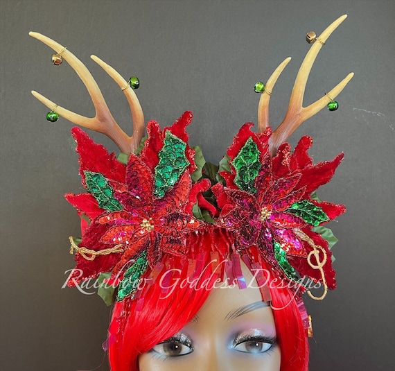 Red Pink Green Poinsettia Horned Headdress, Fawn Holiday Headpiece, Solstice Forest Goddess, Yule Goddess Headdress, Reindeer Horns