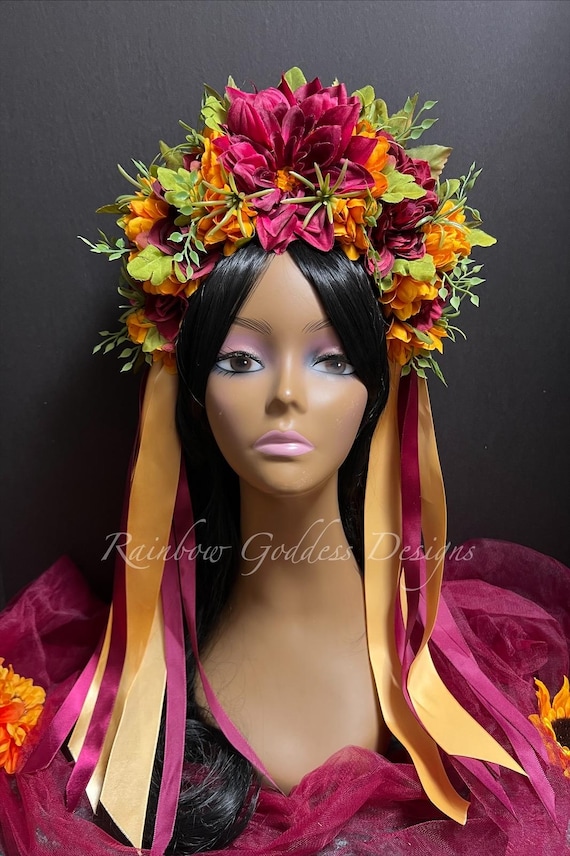Día de Muertos Inspired Fall Flower Crown: Burgundy & Yellow Floral Headpiece with Ribbons