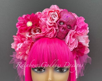 Pink Day of the Dead Skull Flower Crown, Barbiecore Floral Headband, Pink Skull Headpiece, Frida Kahlo Large Flower Crown, Halloween