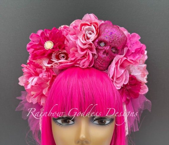 Pink Day of the Dead Skull Flower Crown, Barbiecore Floral Headband, Pink Skull Headpiece, Frida Kahlo Large Flower Crown, Halloween