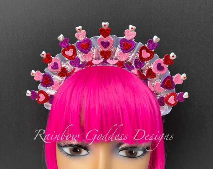 Valentine Heart Crown, Sweetheart Headband, Pink & Red Glitter Tiara, Queen of Hearts Headdress, Valentines Headpiece, Cupid Fascinator