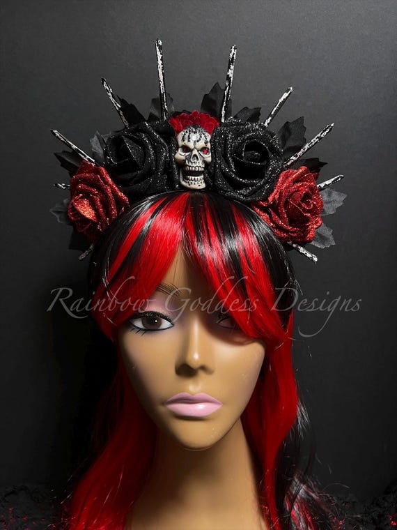 Red & Black Sugar Skull Rose Crown, Gothic Halloween Headpiece, Día de los Muertos Flower Crown